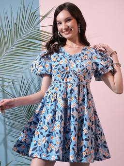 TOKYO TALKIES - Women Blue printed flared dress