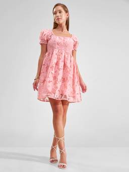 TOKYO TALKIES - Women Pink Mandarin Collar Full Sleeve Organza Dress