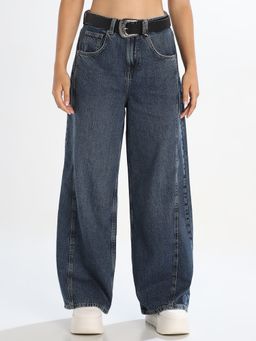 ONLY - Women's Solid Wide Leg High Rise Blue Jeans