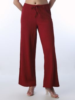 ONLY - Women's Self Design Wide Leg High Rise Maroon Pants