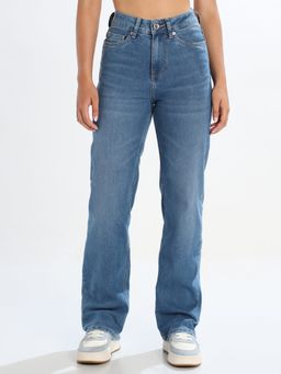 ONLY - Women's Solid Straight Fit High Rise Blue Jeans