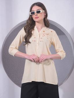 CRIMSOUNE CLUB - Women's Beige Embroidered V-Neck Top