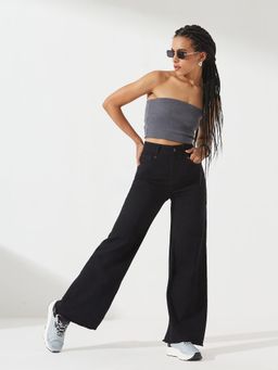 DOLCE CRUDO - Women's Black Stretchable Wide Leg Denim Jeans