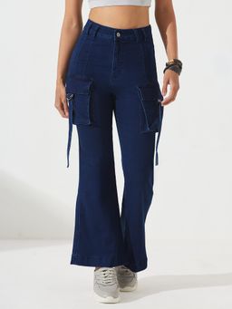 DOLCE CRUDO - Women's Navy Blue Bootcut Clean Look Stretchable Jeans
