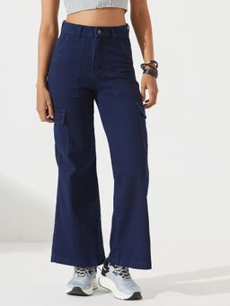 DOLCE CRUDO - Women's Navy Blue Wide-Leg Stretchable Cargo Jeans