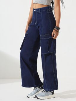 DOLCE CRUDO - Women's Navy Blue Wide Leg Stretchable Jeans
