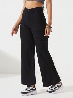 DOLCE CRUDO - Women's Black Wide-Leg Stretchable Cargo Jeans