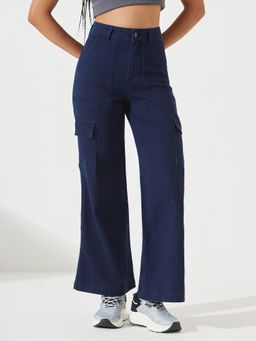 DOLCE CRUDO - Women's Navy Blue Wide Leg Stretchable Denim Jeans