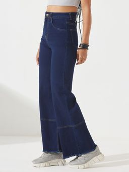 DOLCE CRUDO - Women's Navy Blue Wide Leg Stretchable Denim Jeans