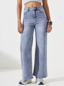DOLCE CRUDO - Women's Light Blue Stretchable Denim Wide Leg Jeans