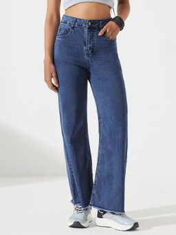 DOLCE CRUDO - Women's Navy-Blue Wide-Leg Stretchable Denim Jeans