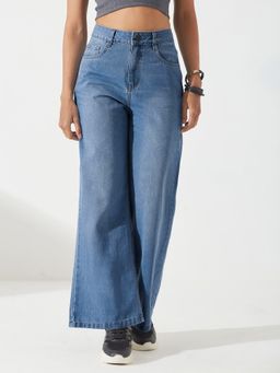 DOLCE CRUDO - Women's Light Blue Wide-Leg Non-Stretchable Denim Jeans