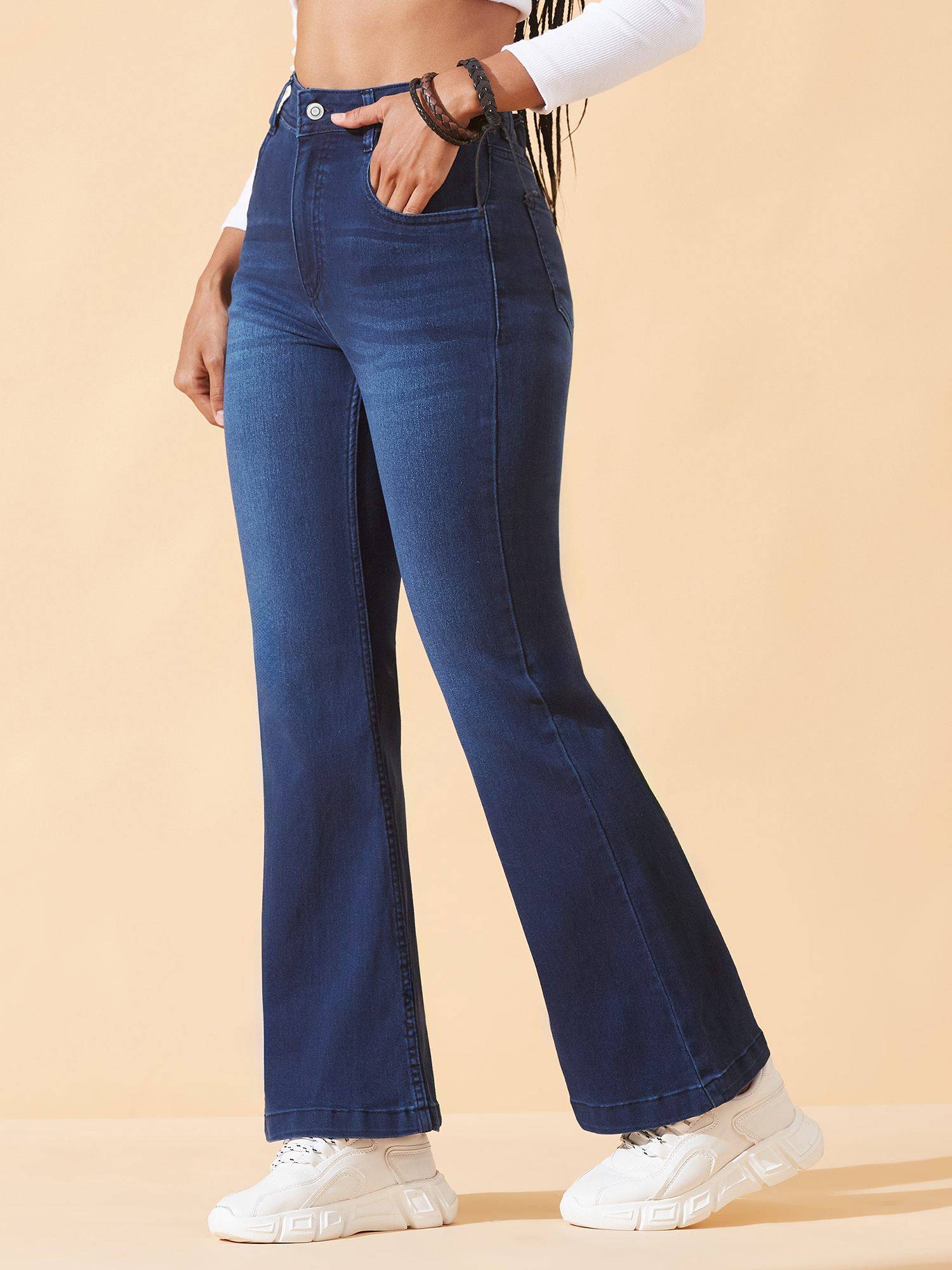 dolce crudo Women's Navy Blue Stretchable Flared Denim Jeans-picture-28