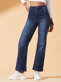 DOLCE CRUDO - Women's Navy Blue Straight-Fit Stretchable Jeans