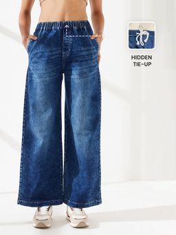 DOLCE CRUDO - Women's Navy Blue Wide Leg High Rise Stretchable Jeans