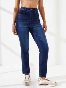 DOLCE CRUDO - Women's Mid-Rise Navy Blue Straight Fit Stretchable Jeans