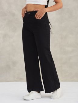 DOLCE CRUDO - Women's Black Wide Leg Stretchable Denim Jeans