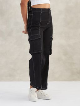 DOLCE CRUDO - Women's Black Wide-Leg Stretchable Jeans
