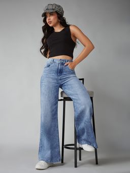 DOLCE CRUDO - Women's Light Blue Wide-Leg High-Rise Stretchable Jeans