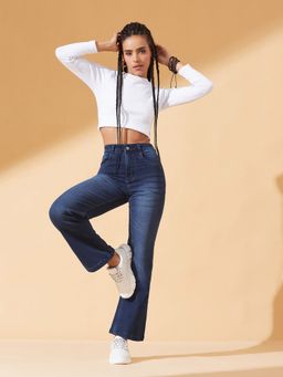 DOLCE CRUDO - Women's Navy Blue Straight-Fit Mid-Rise Stretchable Jeans
