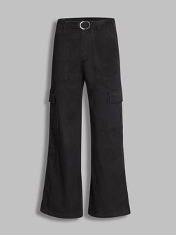 DOLCE CRUDO - Women's Black Wide Leg High Rise Stretchable Jeans with Belt