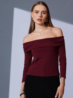 STREET 9 - Maroon Rib Off Shoulder Top