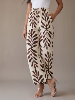 Outzidr - Cream High Waist Printed Pant