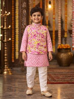 Superminis - Boys Pink Zig Zag Print Full Sleeve Kurta Pyjama With Jacket