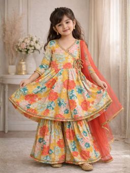 Superminis - Girls Rayon Floral Printed Kurta Sharara with Dupatta