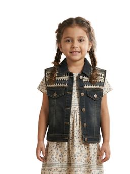 Superminis - Girls Black Denim Sleeveless Embroidery Jacket