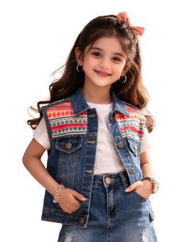 Superminis - Girls Blue Denim Sleeveless Embroidery Jacket