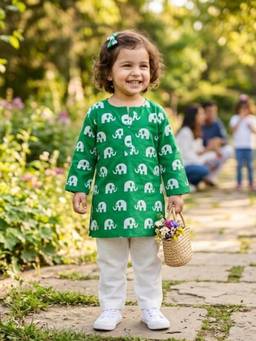Pankhuri by Priyanka - Green Elephant Printed Kurta and Pyjama