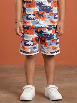 KiddoPanti - Boys Orange All Over Dinosaur Printed Basic Shorts