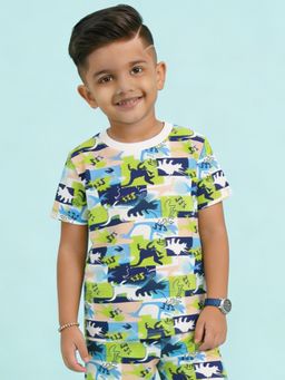 KiddoPanti - Boys Multi-Color Half Sleeves All Over Dinosaur Printed T-Shirt