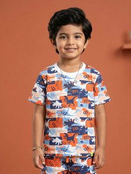 KiddoPanti - Boys Orange Half Sleeves All Over Dinosaur Printed T-Shirt