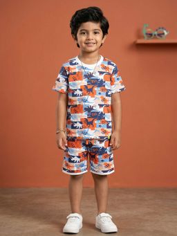 KiddoPanti - Boys Orange Half Sleeves All Over Dinosaur Printed T-Shirt and Shorts