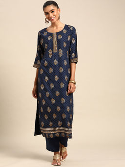 Gerua By Libas - Blue Printed Rayon Kurta