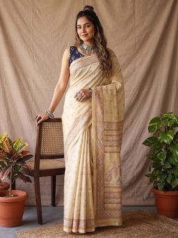 Sareemall - Women Beige Printed Silk Saree with Unstitched Blouse
