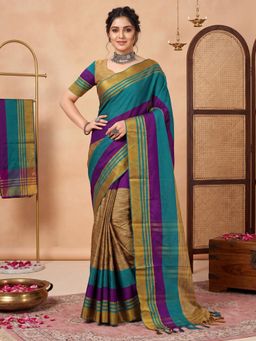 Sareemall - Women Teal Woven Silk Saree with Unstitched Blouse