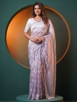 Sareemall - Women Lavender Embroidered Organza Saree with Unstitched Blouse