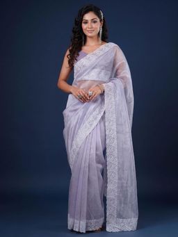 Sareemall - Women Lavender Embroidered Organza Saree with Unstitched Blouse
