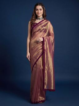 Sareemall - Women Burgundy Solid/Plain Net Saree with Unstitched Blouse