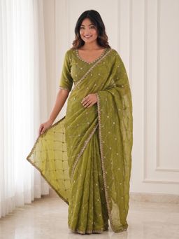 VAIRAGEE - Women Green Embellished/Sequined Satin Saree with Unstitched Blouse