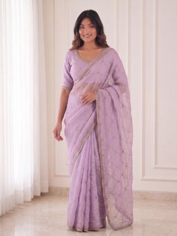 VAIRAGEE - Women Lavender Embellished/Sequined Satin Saree with Unstitched Blouse