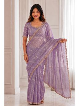 VAIRAGEE - Women Lavender Embellished/Sequined Satin Saree with Unstitched Blouse