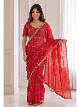 VAIRAGEE - Women Red Embellished/Sequined Satin Saree with Unstitched Blouse