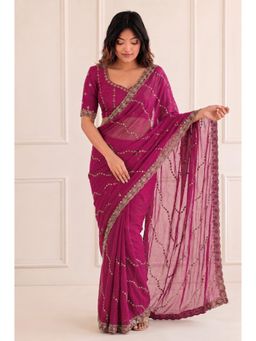 VAIRAGEE - Women Magenta Embellished/Sequined Satin Saree with Unstitched Blouse