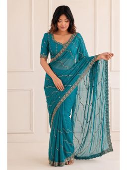 VAIRAGEE - Women Teal Embellished/Sequined Satin Saree with Unstitched Blouse
