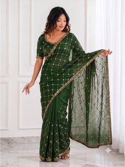 VAIRAGEE - Women Green Embellished/Sequined Satin Saree with Unstitched Blouse