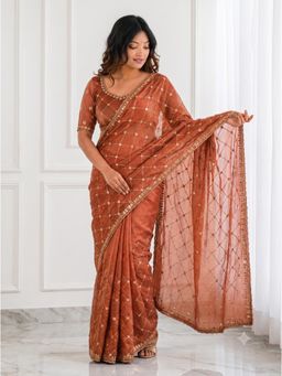 VAIRAGEE - Women Brown Embellished/Sequined Satin Saree with Unstitched Blouse
